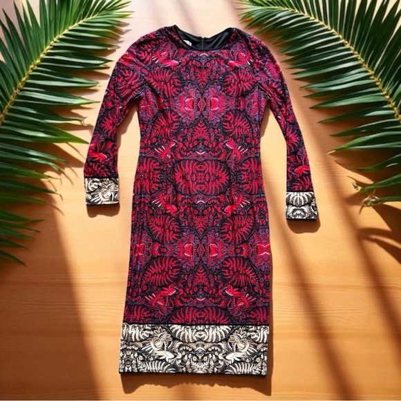 Maggy London Red & Black Printed Long Sleeve Sheath Dress - Size 16 - Picture 5 of 14